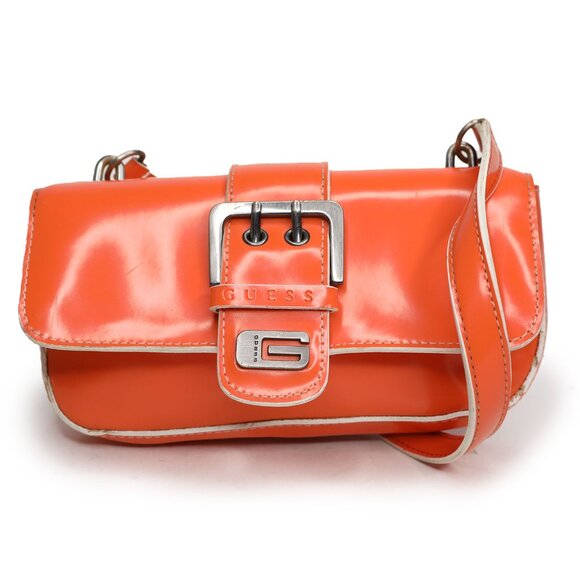 Vintage Guess Y2K Mini Baguette Shoulder Bag Orange Faux Leather White Trim - Picture 4 of 15
